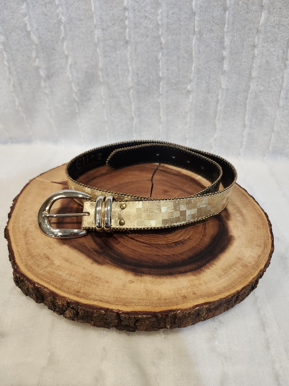Metallic Gold Checkered Women's Belt with Polished Buckle